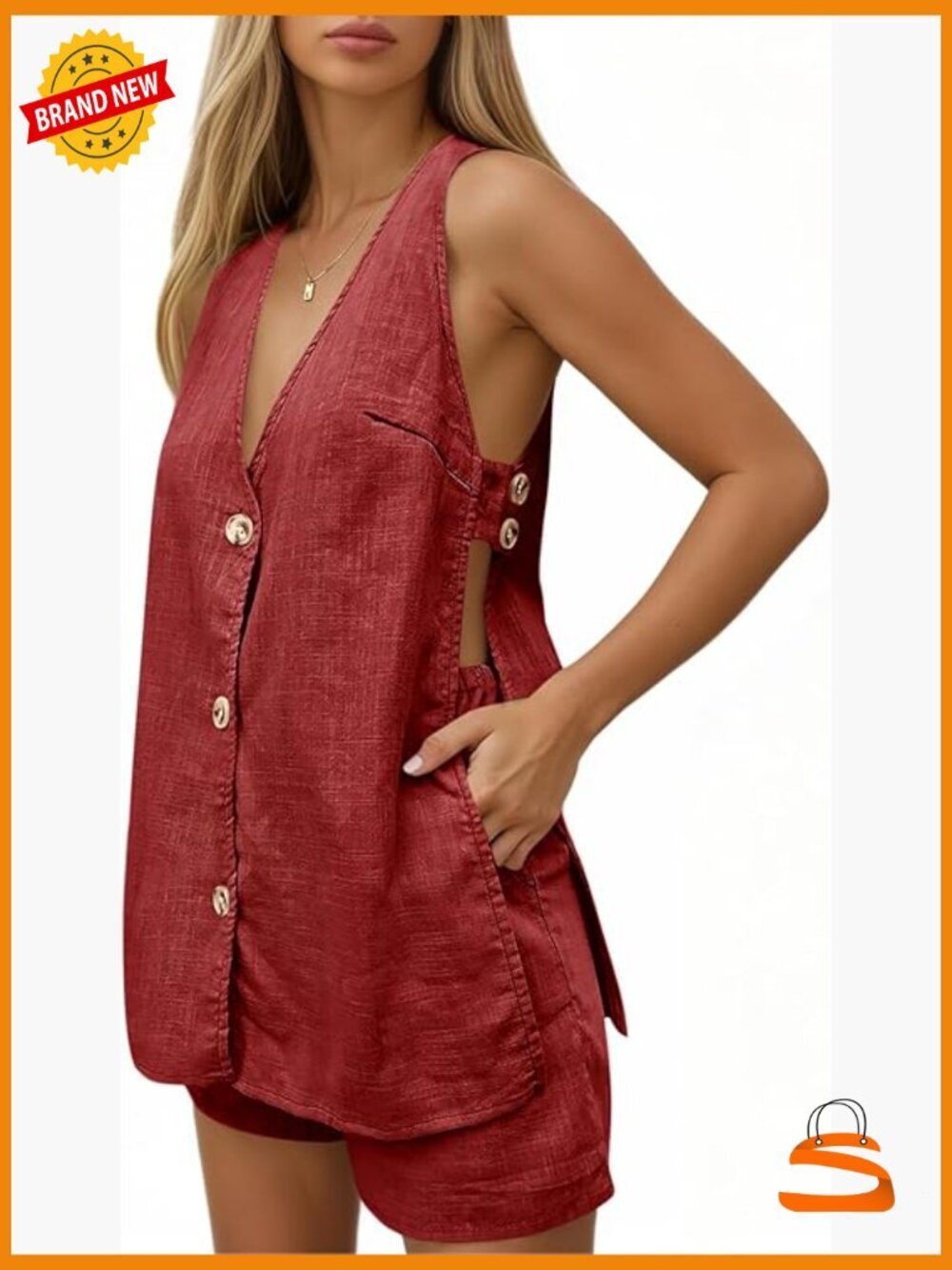Women's 2 Piece Short Set: Tank Top & Shorts, V Neck Button Down, Summer - Picture 1 of 4